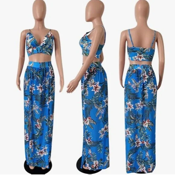 2Pcs Summer Beachwear Blue Set Crop Top + Leaf Floral Print Maxi Split Skirt LG - Picture 2 of 6